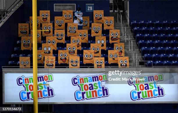 Billy the Marlin performs in the Cinnamon Toast Crunch Emoji fan section during the game between the Miami Marlins and the Toronto Blue Jays at...