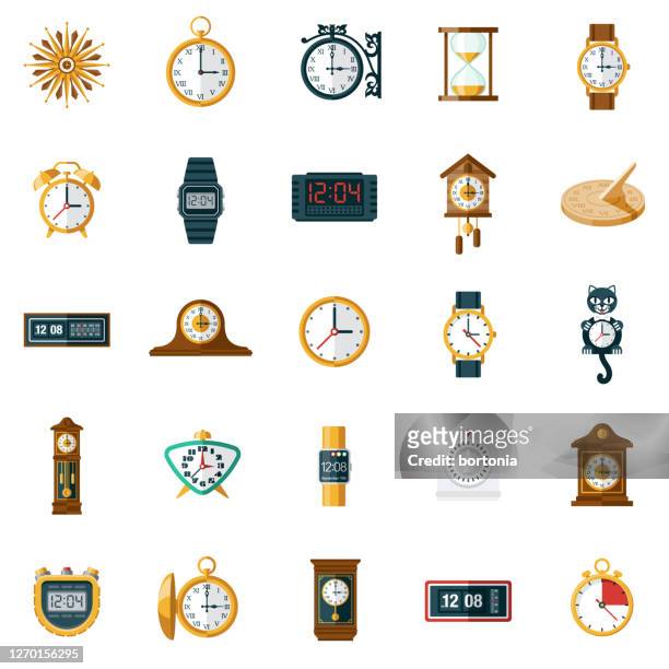 uhren und timer icon set - taschenuhr stock-grafiken, -clipart, -cartoons und -symbole