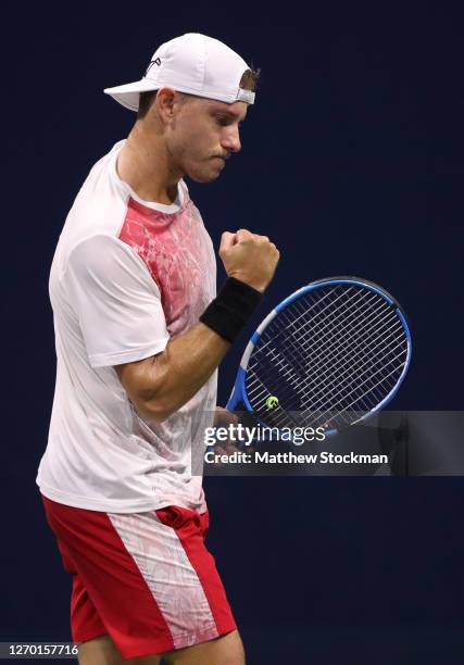 James Duckworth of Australia celebrates a point during his Men's Singles first round match against Salvatore Caruso of Italy on Day Two of the 2020...
