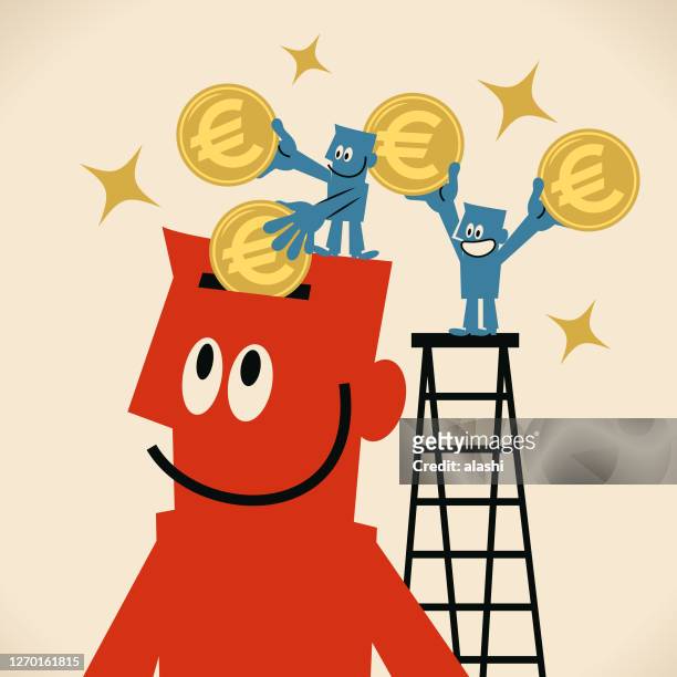 two small guys putting euro sign coin (european union currency) into the giant smiling businessman's open head; to invest in your mind; money-conscious people; to earn a living from the knowledge you already have - european union coin stock illustrations