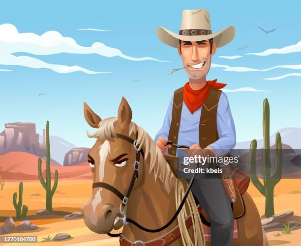 illustrazioni stock, clip art, cartoni animati e icone di tendenza di cowboy a cavallo nel deserto - cowboy