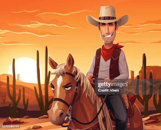 cowboy reiteines pferd bei sonnenuntergang - cowboy cartoon characters stock-grafiken, -clipart, -cartoons und -symbole