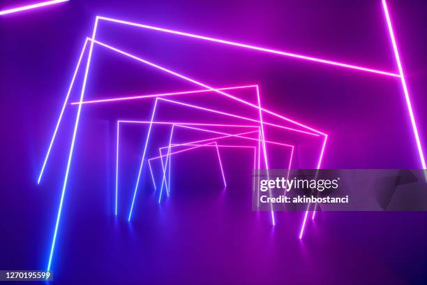 3d abstract background with ultraviolet neon lights, glowing lines - illuminated room stock pictures, royalty-free photos & images