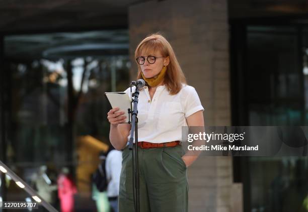 Maxine Peake poses next to the Lord Olivier's statue at The National Theatre on September 01, 2020 in London, England. Stars lend support for an...