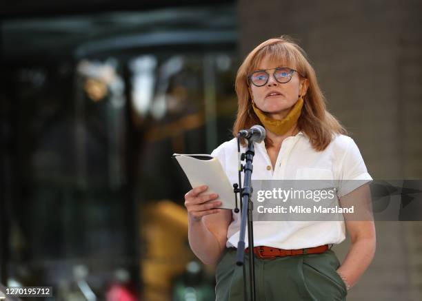 Maxine Peake poses next to the Lord Olivier's statue at The National Theatre on September 01, 2020 in London, England. Stars lend support for an...