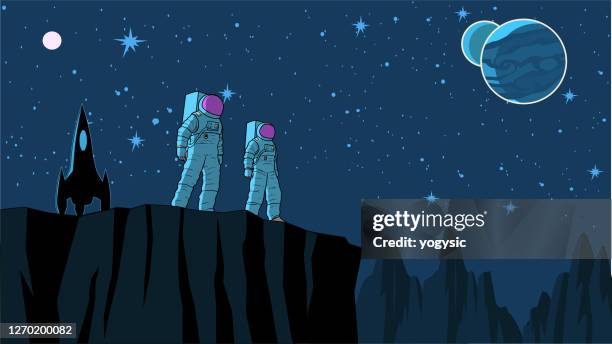 vector astronaut team on a moon in space stock illustration - astronaut stock illustrations