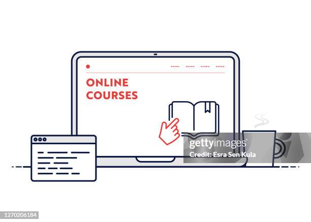 bildbanksillustrationer, clip art samt tecknat material och ikoner med online kurser concept med line laptop illustration med redigerbar stroke. - notebook