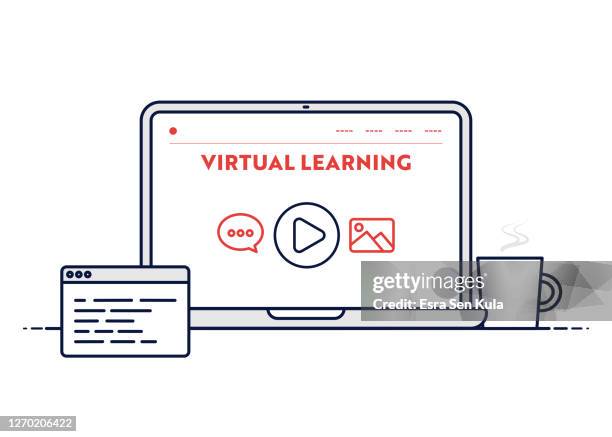 virtual learning concept with line laptop illustration with editable stroke. - developer screen stock illustrations