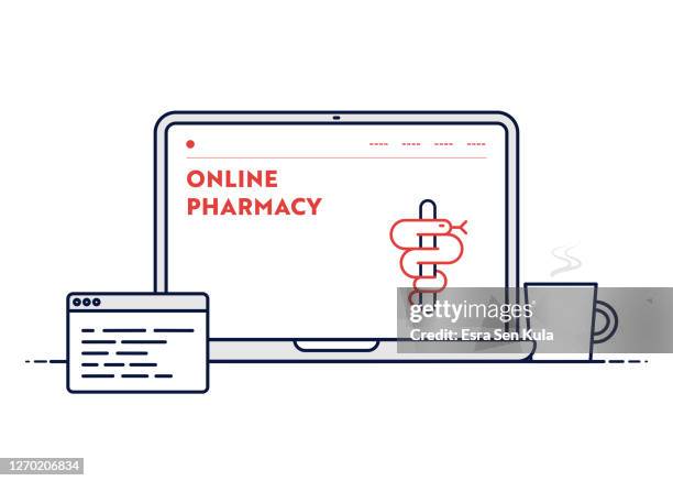 online pharmacy concept with line laptop illustration with editable stroke. - online pharmacy stock illustrations
