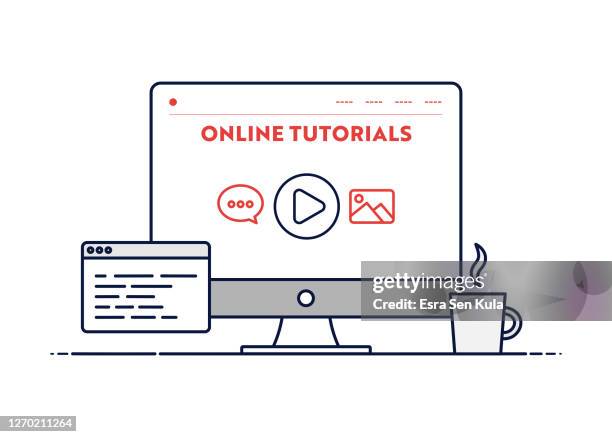 online tutorials concept with line computer illustration with editable stroke. - tutorial stock illustrations