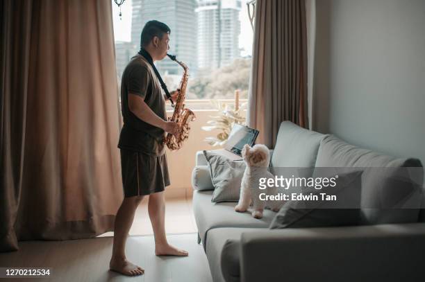 亞洲中國中年男子練習薩克斯管與他的寵物玩具狗在客廳與在線類使用數字平板電腦。 - 訓練犬 個照片及圖片檔