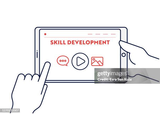 skills development concept with line digital tablet illustration with editable stroke. - learning computer skills stock illustrations