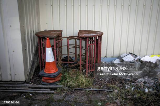 An old set of turnstiles stored inside the ground before the FA Cup Extra Preliminary Round between Daisy Hill and Colne at New Sirs, Westhoughton,...