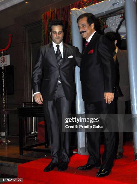 Fardeen Khan and Subrata Roy attend the Laila Khan and Farhan Furniturewallah wedding reception on April 16, 2010 in Mumbai, India.