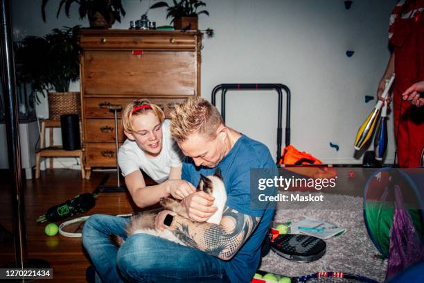 father and son stroking cat in living room - camera flashes foto e immagini stock