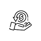 Cashback, return money, cash back rebate line icon. Salary exchange, hand holding dollar. Financial investment symbol. Vector on isolated white background. EPS 10