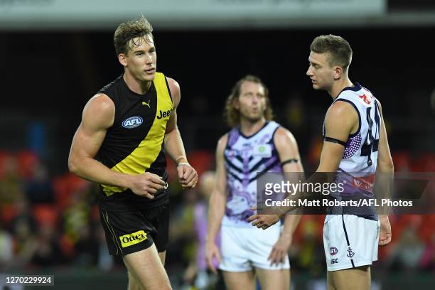 Tom J. Lynch of the Tigers celebrates kicking a goal during the round 15 AFL match between the Richmond Tigers and the Fremantle Dockers at Metricon...