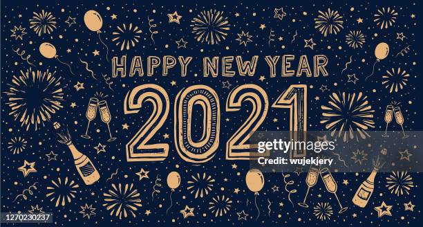 new year's doodle card on fireworks background, confetti and stars - new year cartoon stock illustrations