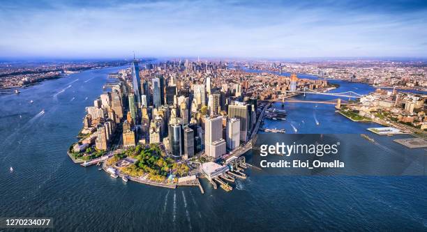 panoramic aerial view of lower manhattan. new york - new york stock pictures, royalty-free photos & images