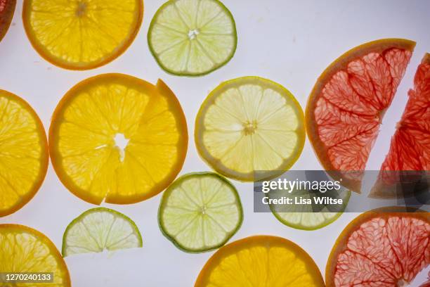 abstract composition with various backlit citrus slices on white background - lisa bitter stock-fotos und bilder