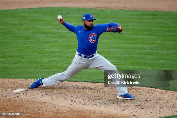 Jeremy Jeffress of the Chicago Cubs pitches during the game against the Cincinnati Reds at Great American Ball Park on August 29, 2020 in Cincinnati,...