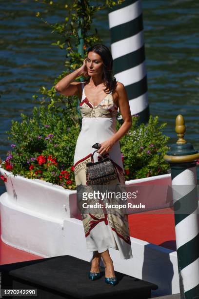 Paola Turani is seen arriving at the Excelsior during the 77th Venice Film Festival on September 02, 2020 in Venice, Italy.