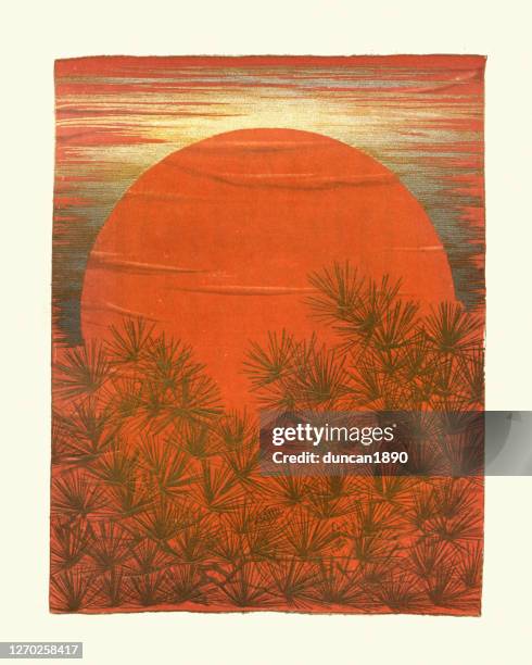 sunset behind a pine forest, japanese art print - japan stock illustrations