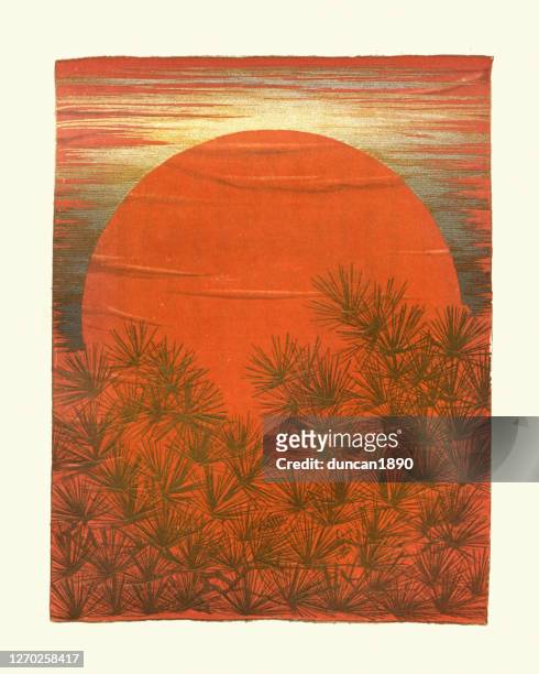 松樹林後面的日落,日本藝術版畫。 - 圖案花紋 幅插畫檔、美工圖案、卡通及圖標