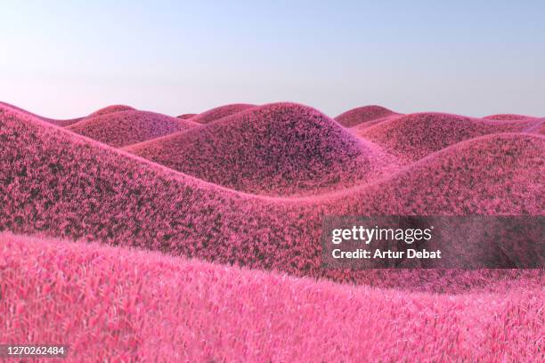 surreal render landscape with furry hills and pink color. - fur texture stock pictures, royalty-free photos & images