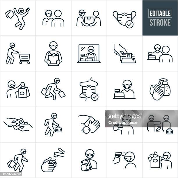 wearing face masks while shopping thin line icons - editable stroke - shopping stock illustrations