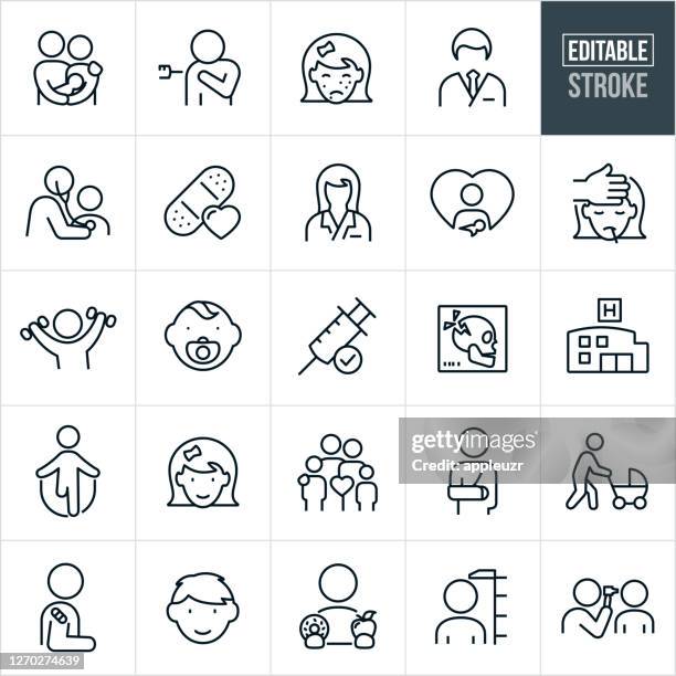 ilustraciones, imágenes clip art, dibujos animados e iconos de stock de pediatrics thin line icons - trazo editable - brazo fracturado