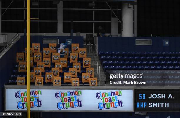 Billy The Marlin performing in the Cinnamon Toast Crunch Emoji fan section during the game between the Miami Marlins and the Toronto Blue Jays at...