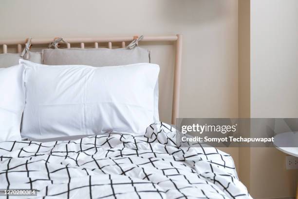 bed mattress and pillows mess up bedroom in the morning - tidy bedroom stock pictures, royalty-free photos & images