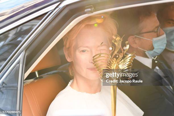 Tilda Swinton is seen leaving the Excelsior during the 77th Venice Film Festival on September 02, 2020 in Venice, Italy.