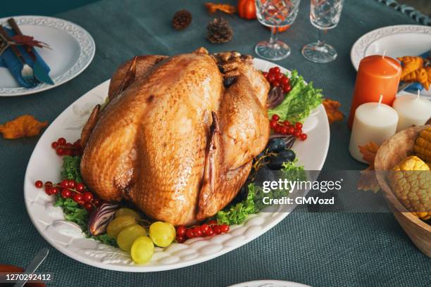 traditional holiday stuffed turkey dinner - stuffed turkey stock pictures, royalty-free photos & images