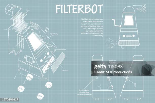 ilustraciones, imágenes clip art, dibujos animados e iconos de stock de plano del innovador sistema de filtración de aire filterbot - filtración