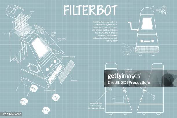 illustrazioni stock, clip art, cartoni animati e icone di tendenza di progetto di innovativo sistema di filtrazione dell'aria filterbot - filtrazione