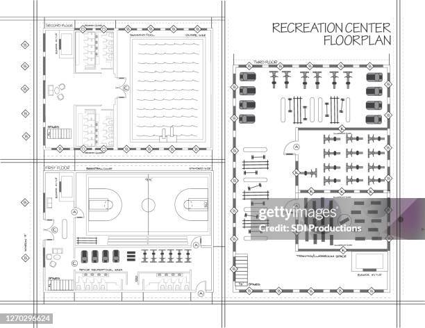 ilustraciones, imágenes clip art, dibujos animados e iconos de stock de plano del centro recreativo - cad architecture