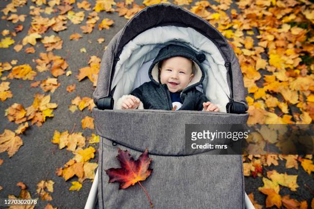 baby boy lying in a stroller - carriage stockfoto's en -beelden