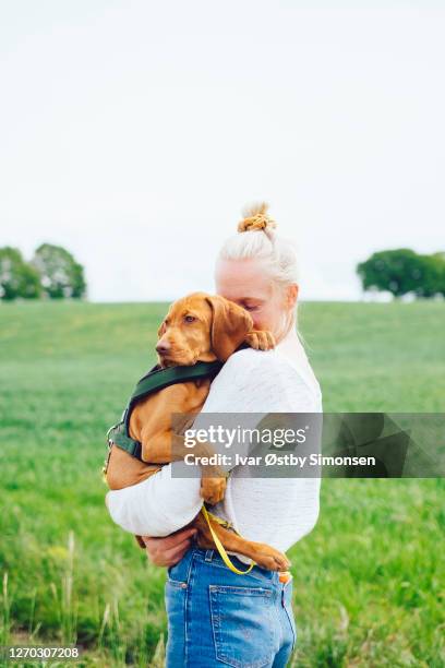 frau hält ihren jungen welpen draußen - apportierhund stock-fotos und bilder