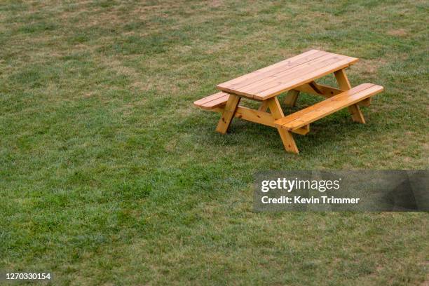 picnic table in middle of grass field - empty picnic table stock pictures, royalty-free photos & images