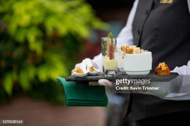 waitstaff holding tray of assorted appetizers - kellner tablett stock-fotos und bilder