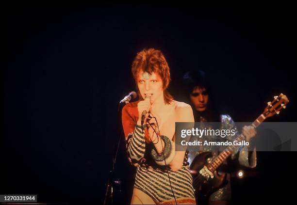 Singer David Bowie performing Live Ziggy Stardust tour in 1972.