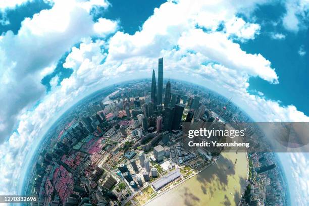 360 degree view of shanghai in a sunny day - 360 globe stockfoto's en -beelden