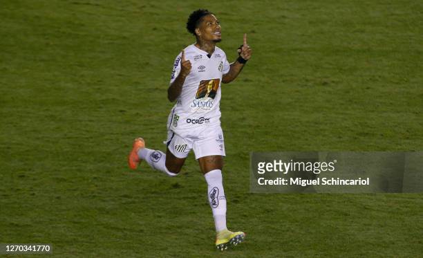 Marinho of Santos celebrates after scoring his team's second goal during a match between Santos and Vasco as part of Brasileirao Series A 2020 at...