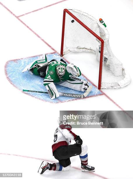 Mikko Rantanen of the Colorado Avalanche scores a goal past Anton Khudobin of the Dallas Stars during the third period in Game Six of the Western...