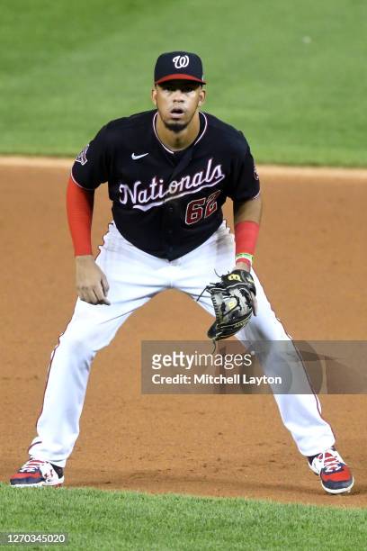 Luis Garcia of the Washington Nationals in position during a baseball game against the Miami Marlins at Nationals Park on August 24, 2020 in...