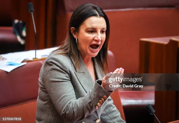 Senator Jacqui Lambie reacts as she speaks in the Australian Senate at Parliament House on September 3, 2020 in Canberra, Australia. The federal aged...