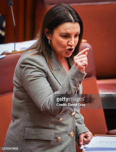 Senator Jacqui Lambie reacts as she speaks in the Australian Senate at Parliament House on September 3, 2020 in Canberra, Australia. The federal aged...