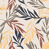 Leaves sprigs twigs leafage stem branch seamless pattern. Botanical background. Autumn leaves ornament.  Flat drawing. Fashion design.